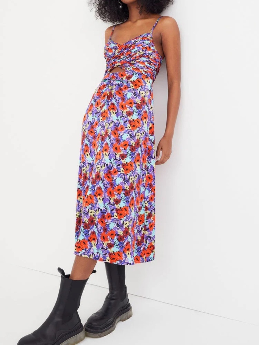 For Love & Lemons Chiara Floral Mini Dress XS Purple Ruched Cutout NWT